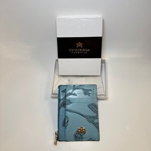 Cuoieria Fiorentina Mimì Floral Rose Embossed Light Blue Leather Wallet Zip NWT